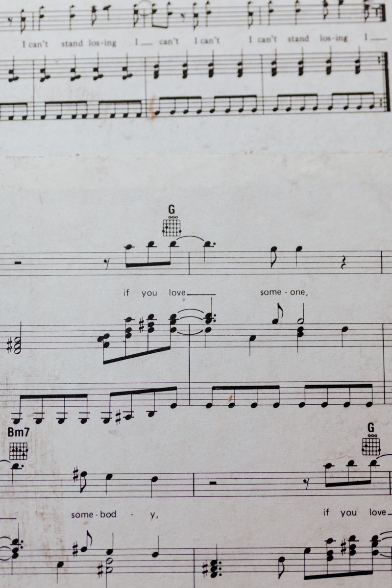 A close-up of sheet music showing notes, lyrics, and guitar chord diagrams.