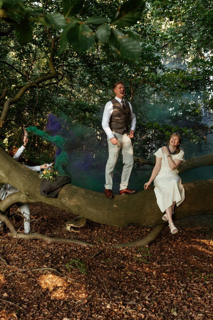 Two people on a large tree branch with colourful smoke drifting through a dense forest.