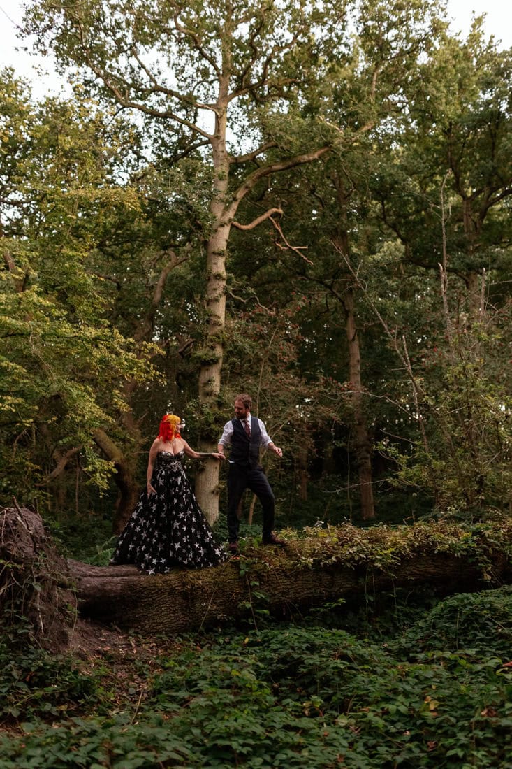 Two people in wedding attire stand on a fallen tree in a forest, he is holding her hand.