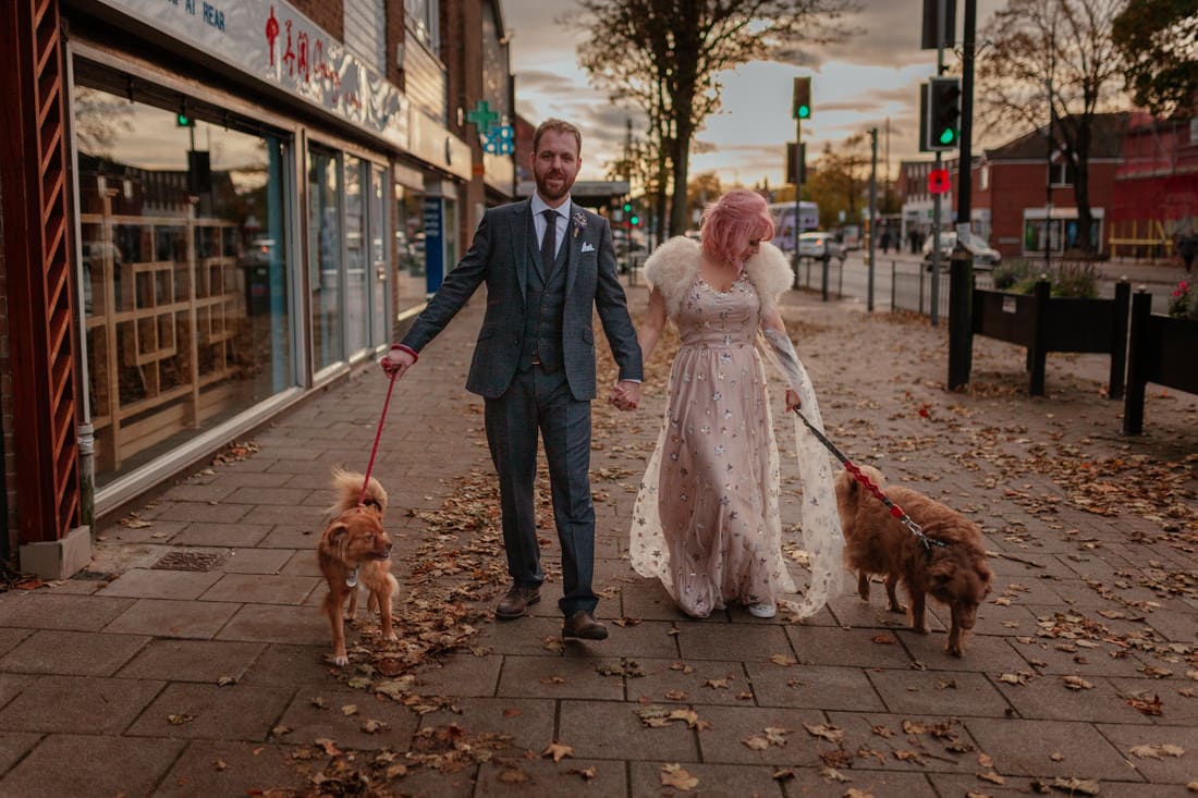 Bride and groom walk their dogs during sunset on Mapperley top, the street is covered in fallen autumn leaves